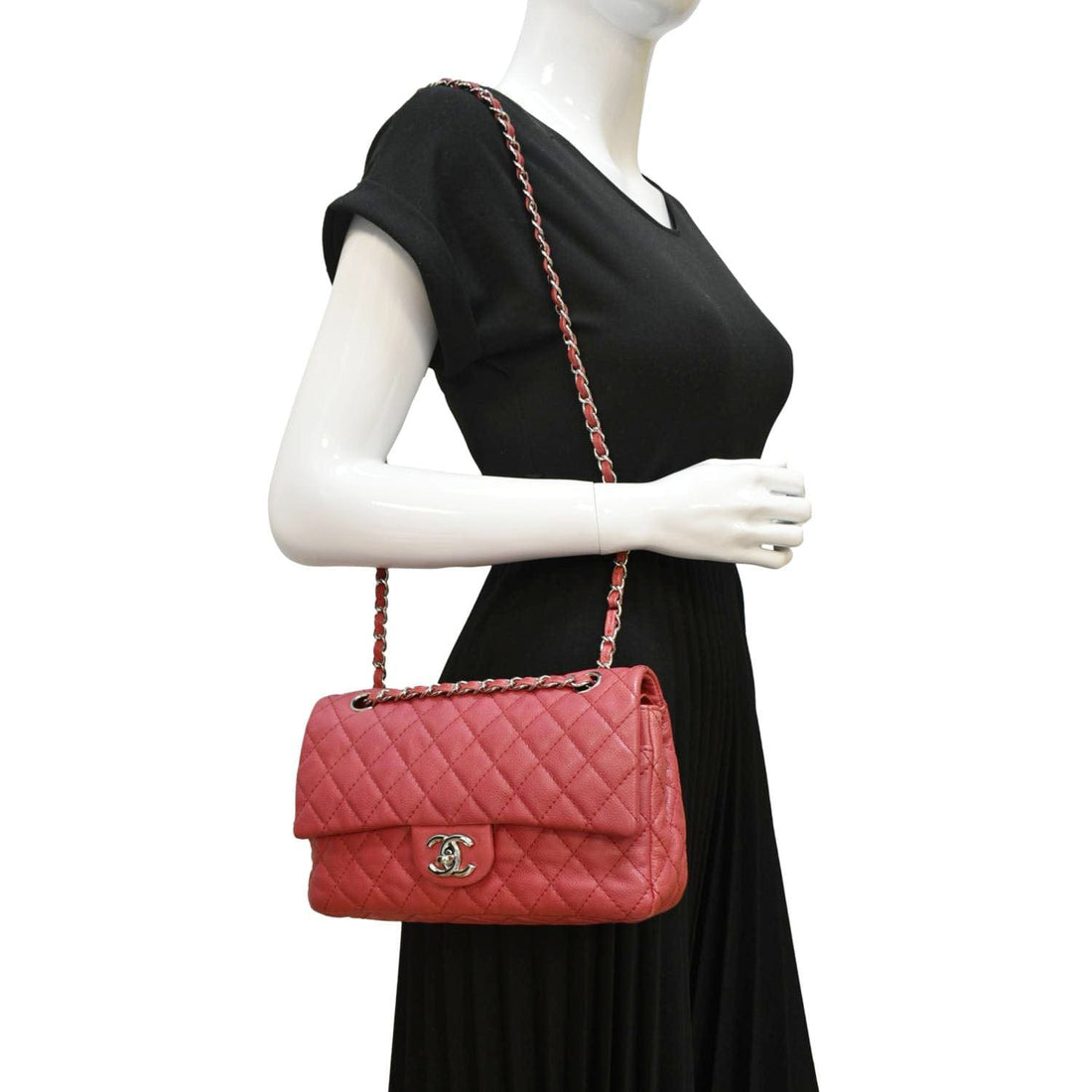 Pearl Street Bags Chanel Classic Medium Double Flap Quilted Caviar Leather Shoulder Bag Red