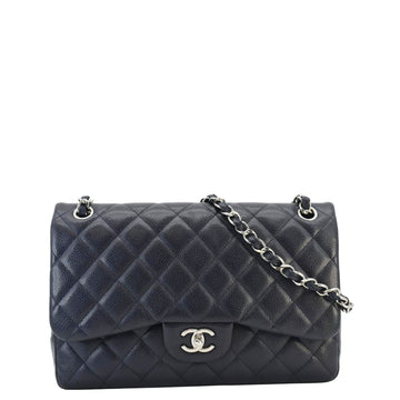 Pearl Street Bags Chanel Classic Jumbo Double Flap Quilted Caviar Leather Shoulder Bag Navy Blue