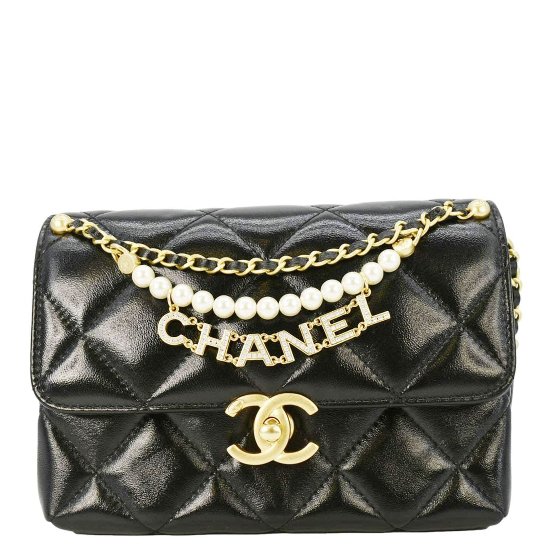 Pearl Street Bags Chanel CC Pearl Quilted Leather Chain Crossbody Bag Black
