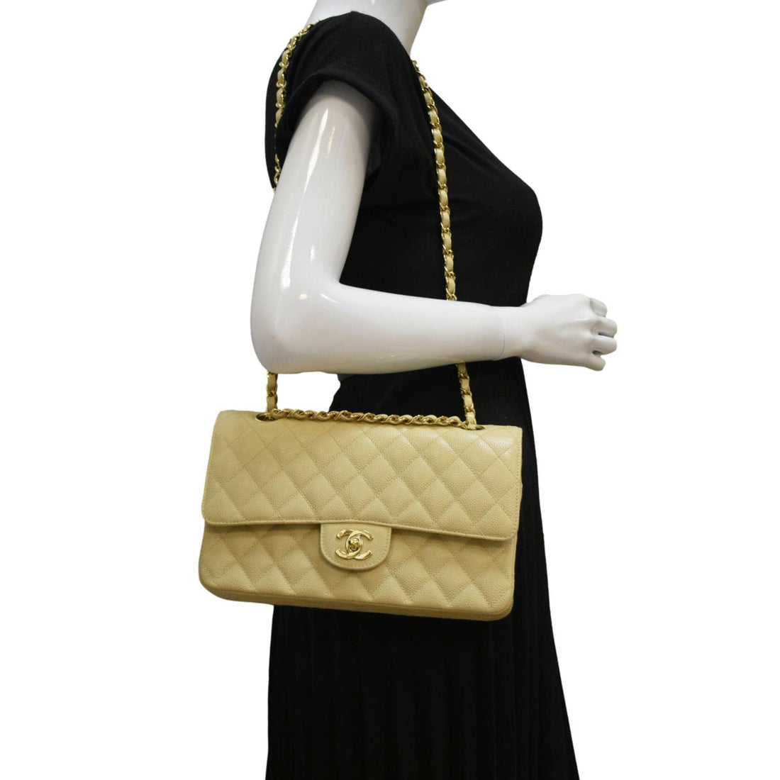 Pearl Street Bags Chanel Classic Double Flap Quilted Caviar Leather Shoulder Bag Cream