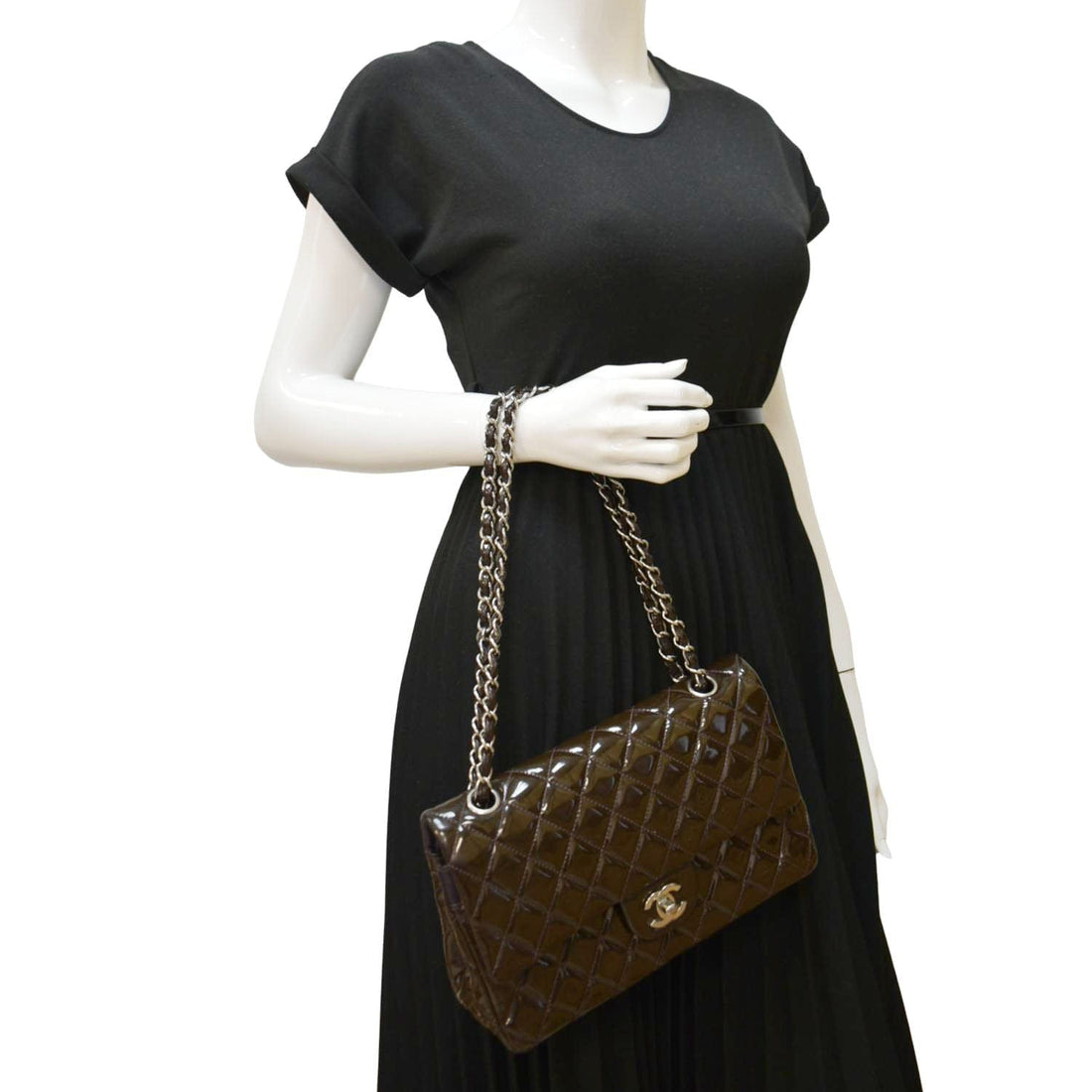 Pearl Street Bags Chanel Classic Medium Double Flap Patent Leather Shoulder Bag Dark Brown