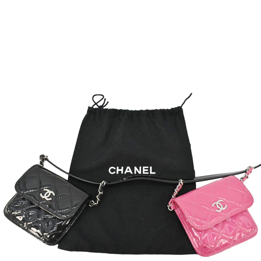 Chanel CC Double Mini Flap  Quilted Leather Chain Waist Bag Black Pink