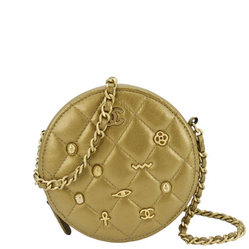 Chanel Egyptian Amulet Round Quilted Metallic Lambskin Chain Clutch Crossbody Bag Gold