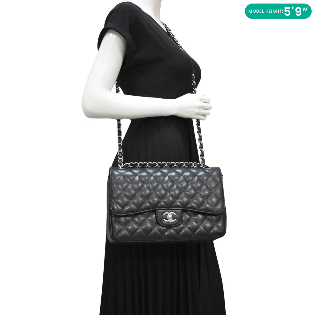 Pearl Street Bags Chanel Classic Jumbo Double Flap Quilted Caviar Leather Shoulder Bag Black