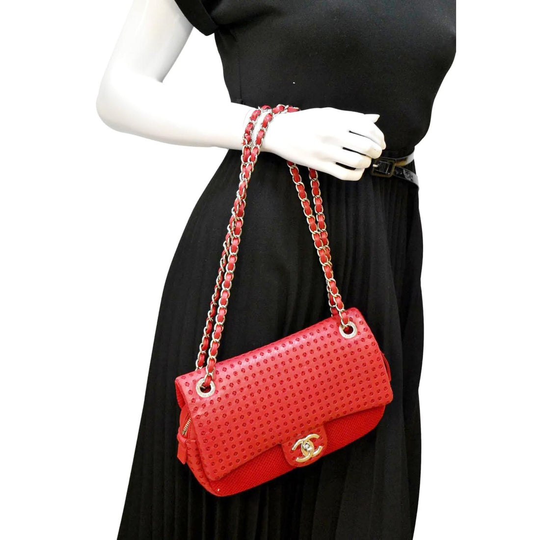 Pearl Street Bags Chanel Flap Perforated Leather Shoulder Bag Red