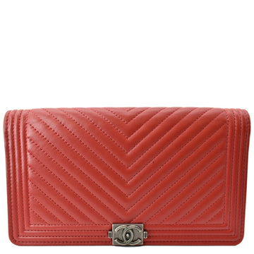 Chanel Women Long Flap Chevron Leather Wallet Red