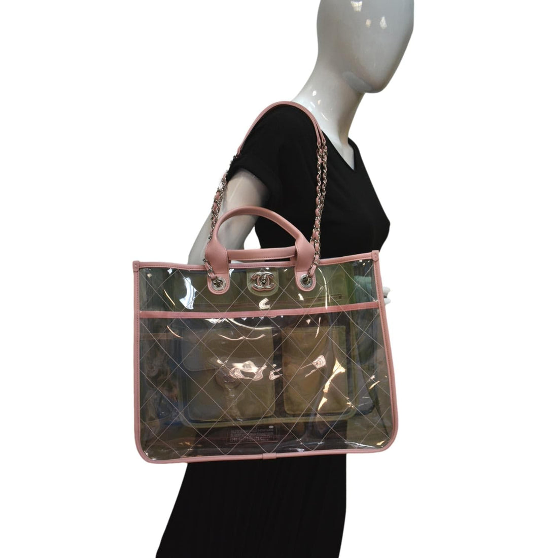 Pearl Street Bags Chanel Coco Splash Lambskin PVC Quilted Shopping Tote Pink