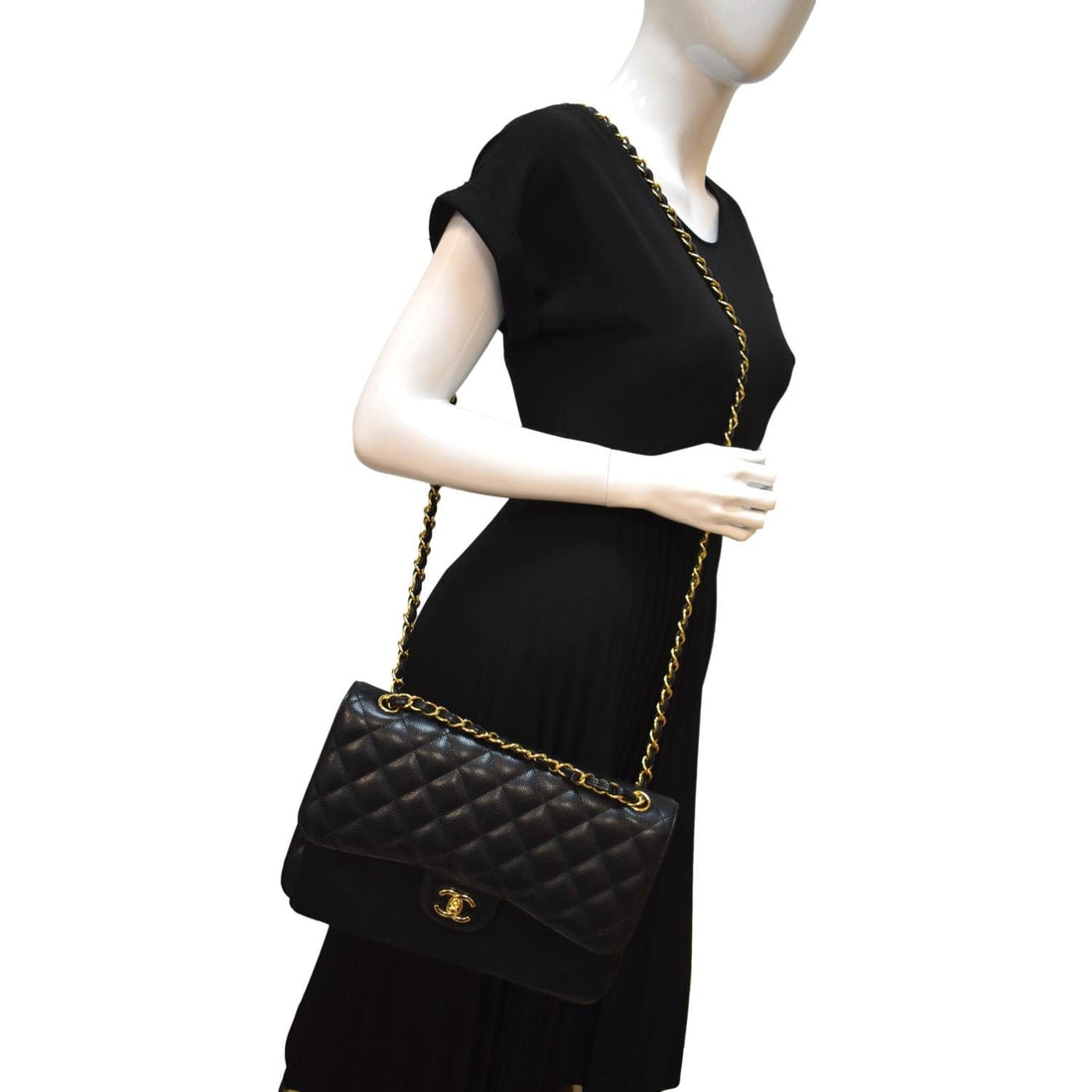 Pearl Street Bags Chanel Jumbo Double Flap Caviar Leather Shoulder Bag Black