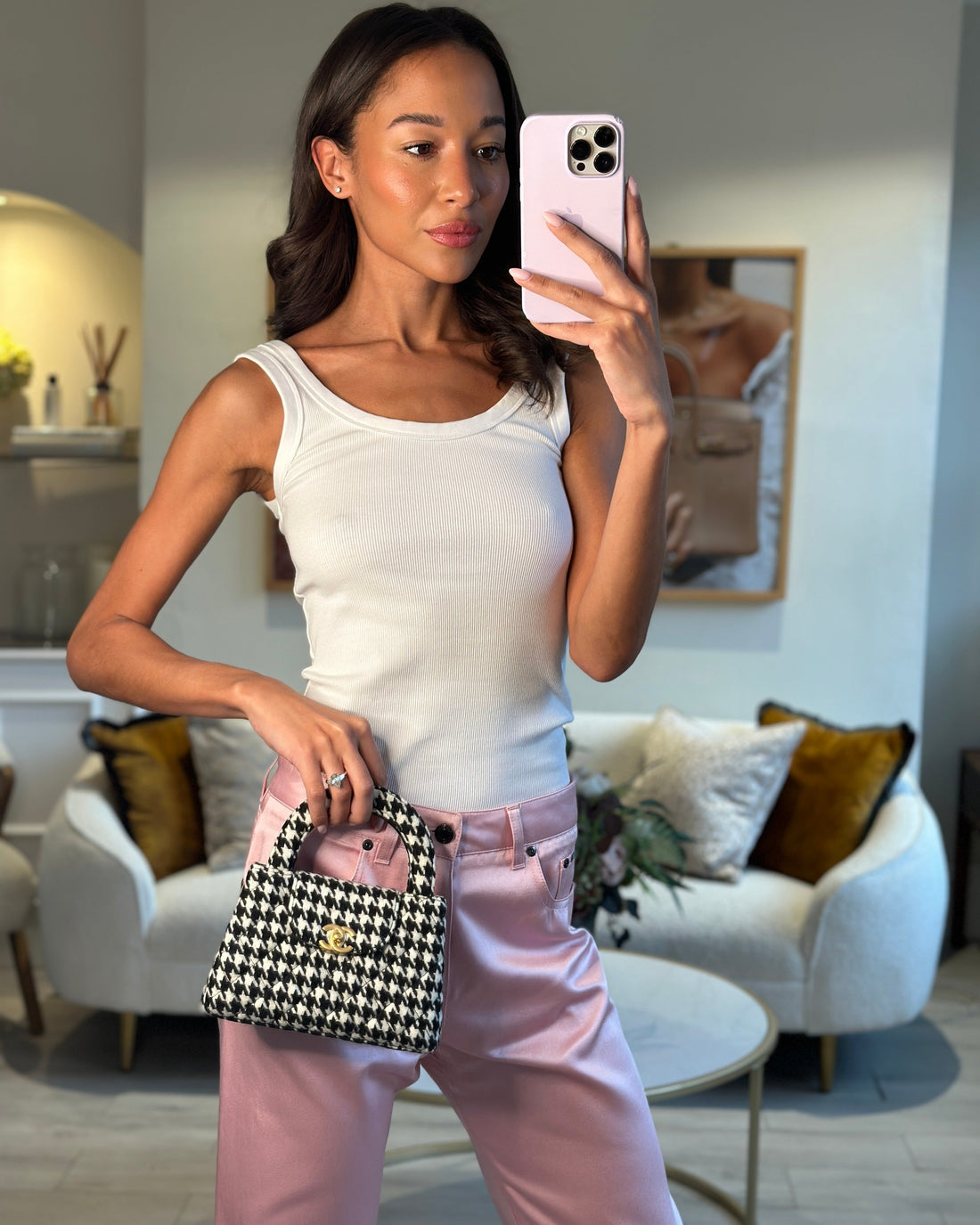 *HOT* Pearl Street Bags Chanel Small Kelly Shopping Bag in Black & White Wool Houndstooth with Brushed Antique Gold Hardware