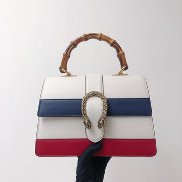 Gucci CalBNkin Medium Dionysus Bamboo Handle Bag White Blue Red