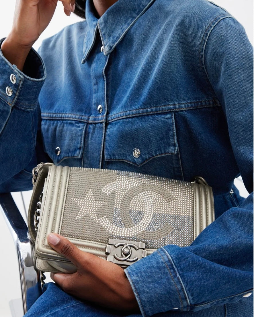 *HOT* Pearl Street Bags Chanel Medium Boy Bag in Gold Metallic Sequin CC Star Print with Silver Hardware