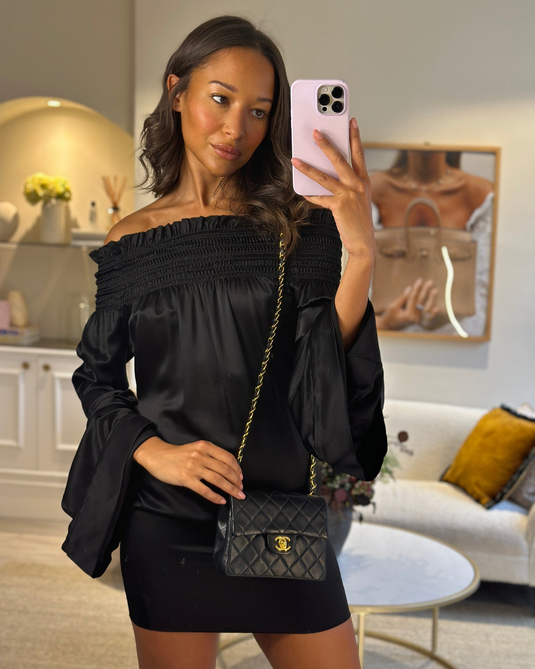 Chanel  Black Mini Square Bag in Lambskin Leather with 24k Gold Hardware