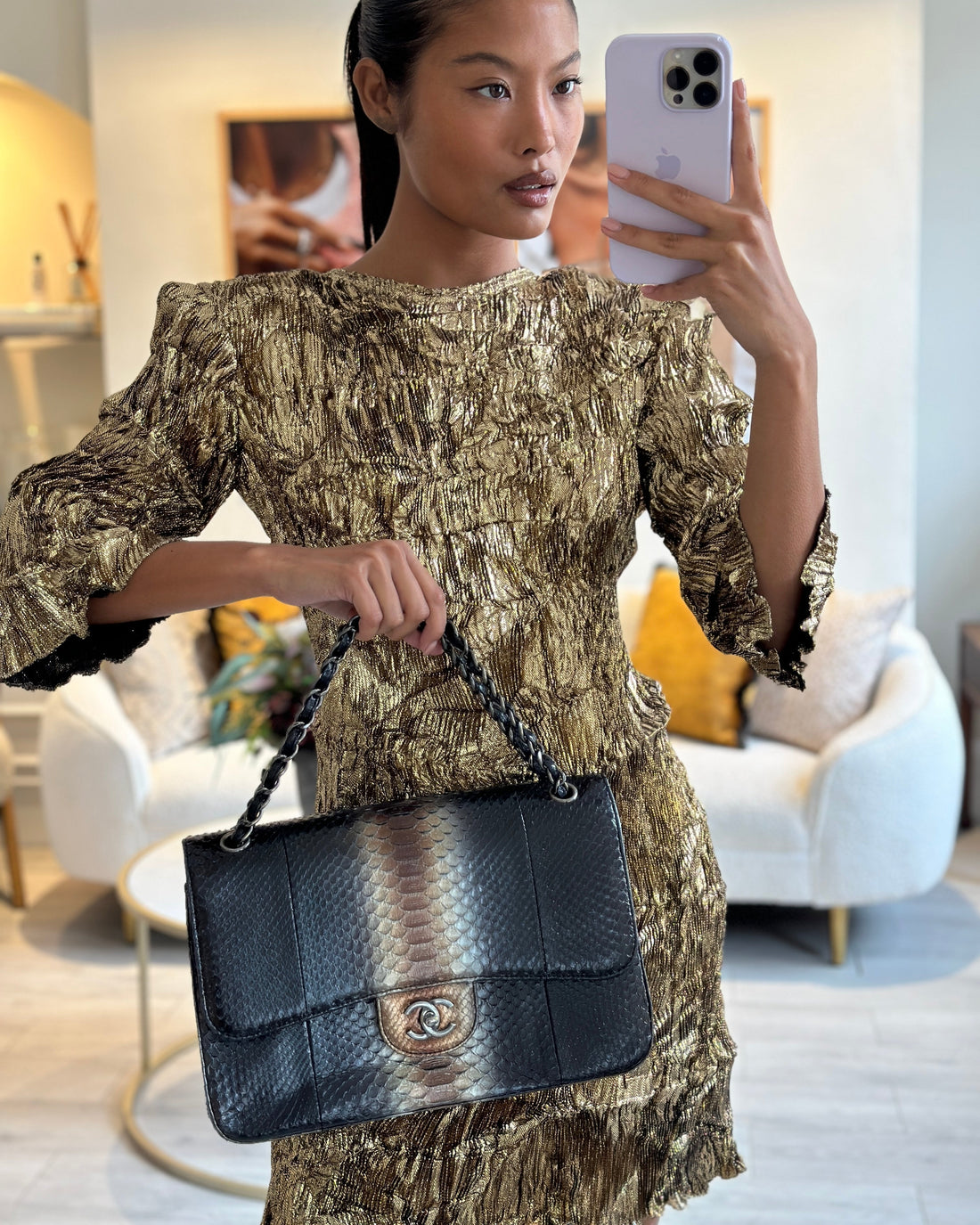 Pearl Street Bags Chanel Black and Brown Python Leather Jumbo Classic Double Flap Bag with Gunmetal Hardware