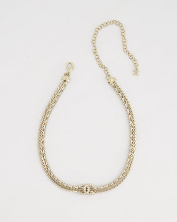 *HOT* Pearl Street Bags Chanel Chain Choker Necklace in Champagne Gold with Crystal CC Logo