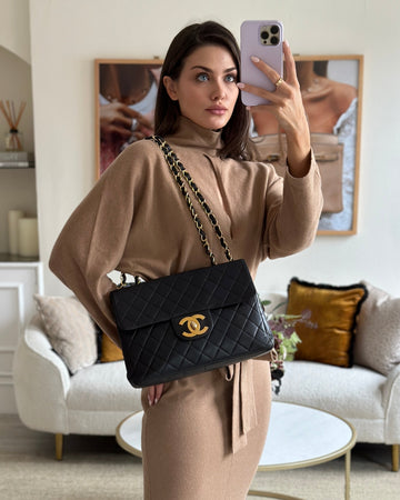 Chanel Black  Maxi Mademoiselle Single Flap Bag in Lambskin with 24K Gold Hardware