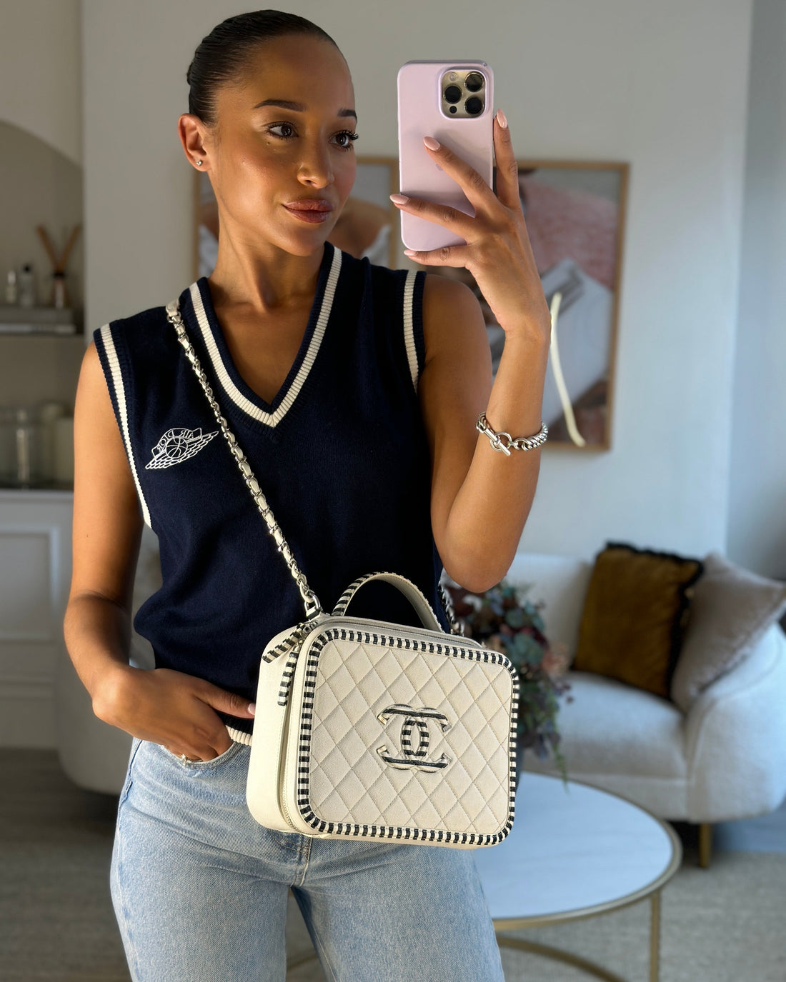 *HOT* Pearl Street Bags Chanel White Caviar Vanity Case with Zebra Motif CC Logo and Silver Hardware