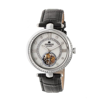 Empress Stella Automatic Semi-Skeleton MOP Leather-Band Watch