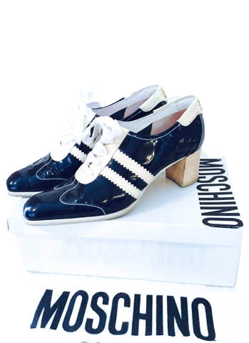 MOSCHINO Black  Leather Lace Up Striped Sporty Heels Size 7