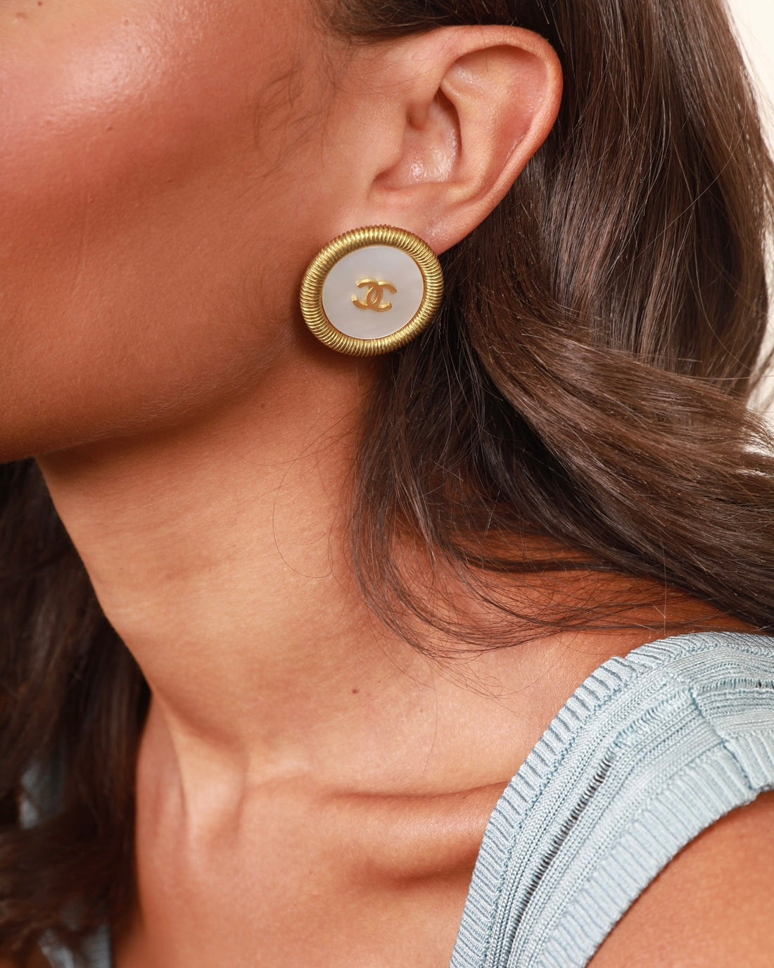 Pearl Street Bags Chanel  94P Gold Iridescent Pearl with CC Logo Round Clip-On Earrings