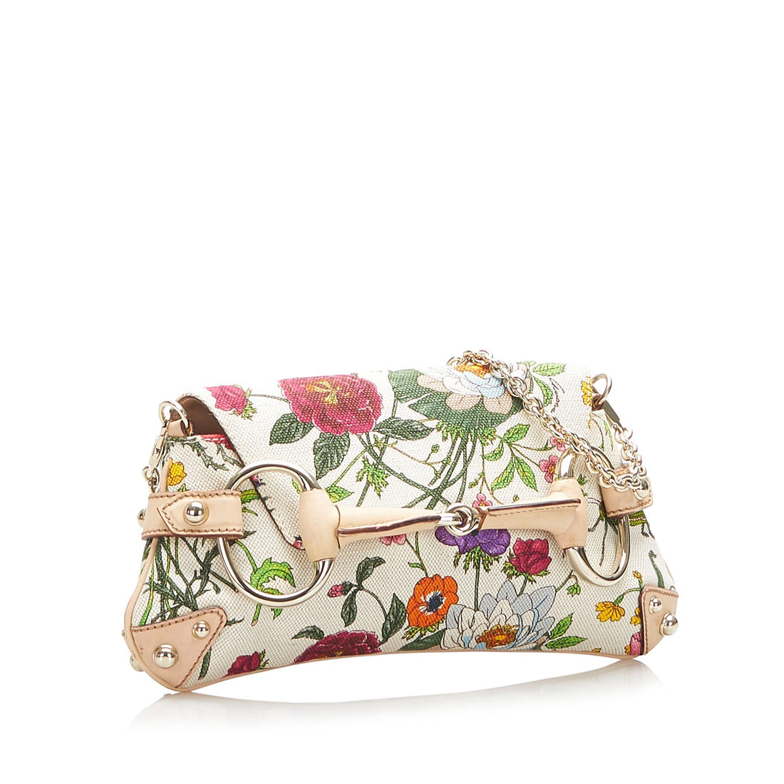 Gucci Flora Horsebit Chain Canvas Baguette White