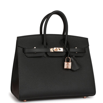 Hermes Birkin Sellier 25 Black Leather Rose Gold Hardware