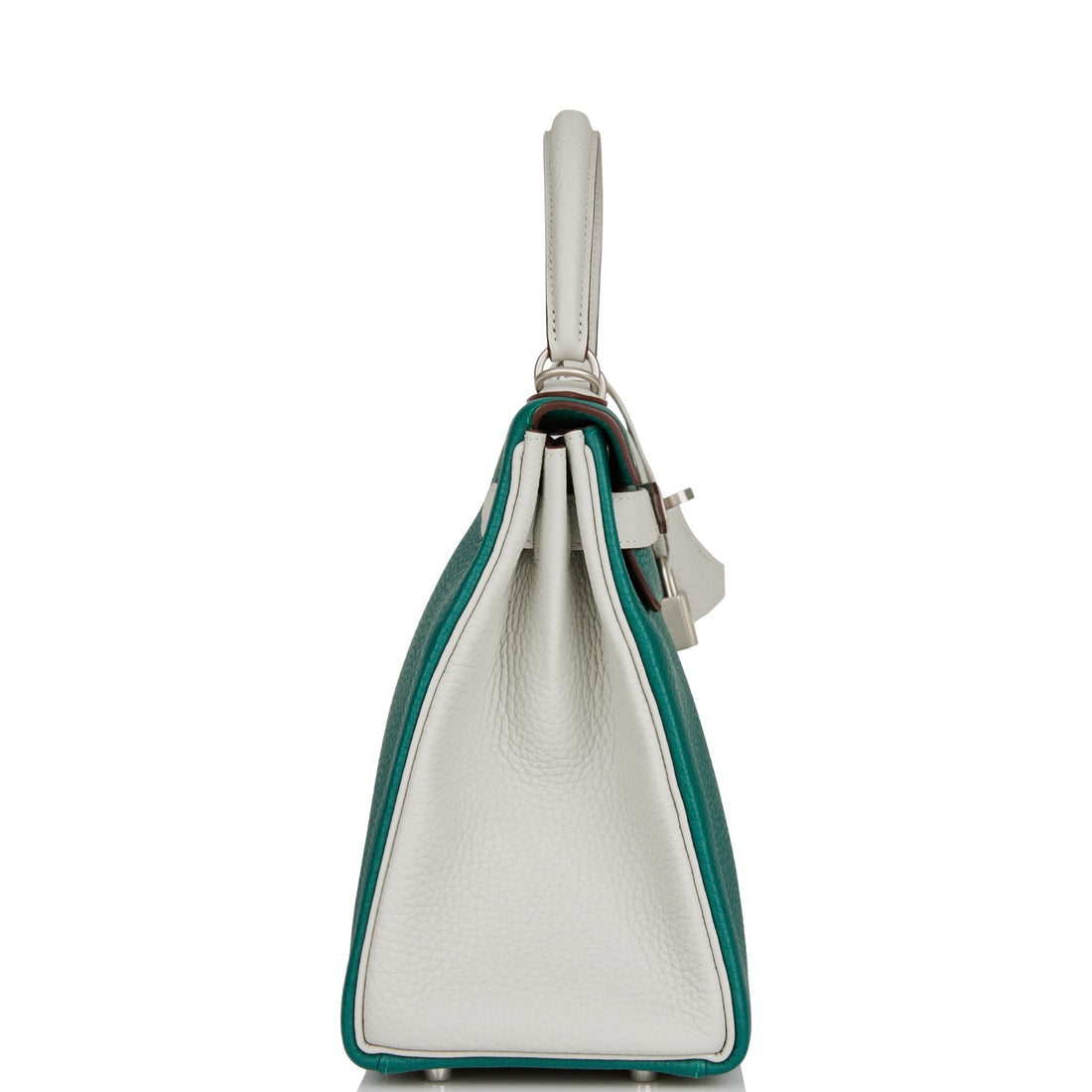 Hermes Special Order (HSS) Kelly Retourne 28 Malachite and Gris Perle Leather Brushed Palladium Hardware