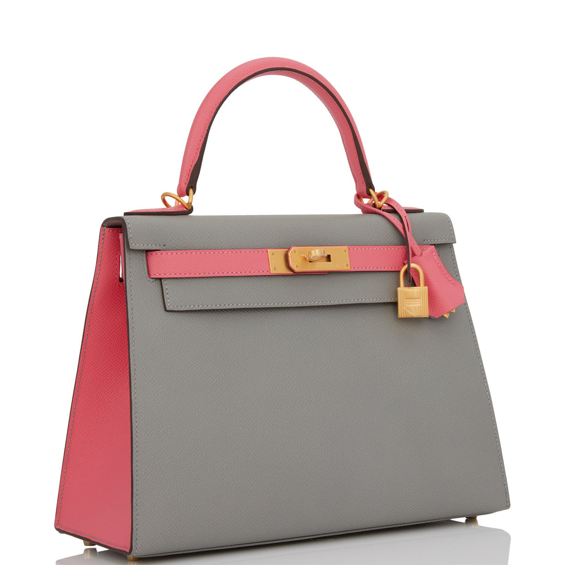 Hermes Special Order (HSS) Kelly Sellier 28 Gris Mouette and Rose Azalee Leather Brushed Gold Hardware