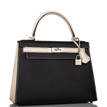 Hermes Special Order (HSS) Kelly Sellier 28 Black and Craie Leather Brushed Palladium Hardware