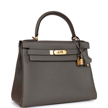Hermes Kelly Retourne 28 Gris Meyer Leather Gold Hardware