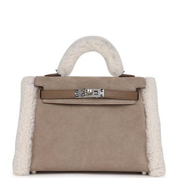 Hermes Teddy Kelly 20 Etoupe Shearling and Leather Palladium Hardware