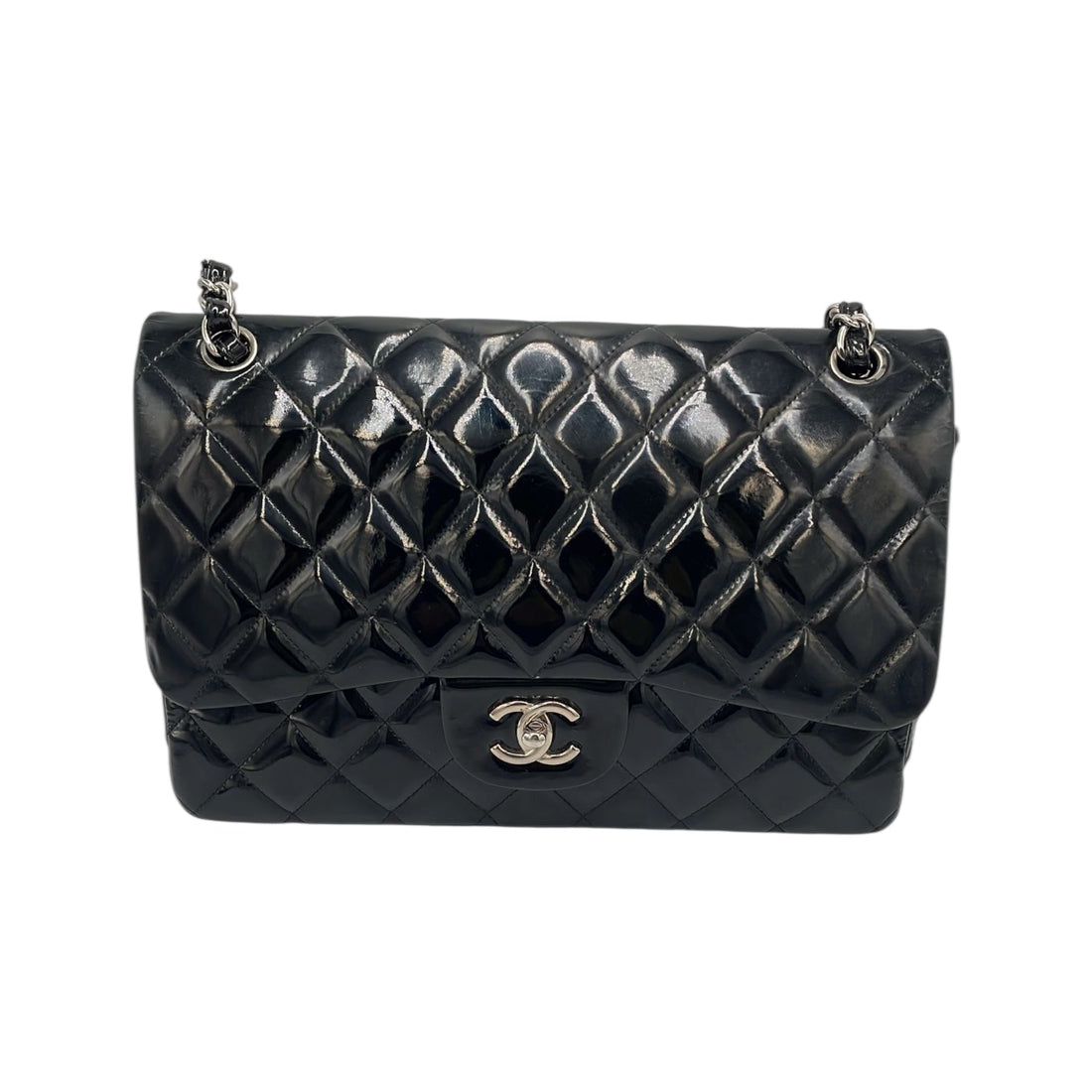 Chanel Classic Double Flap Jumbo Black Patent Leather Silver