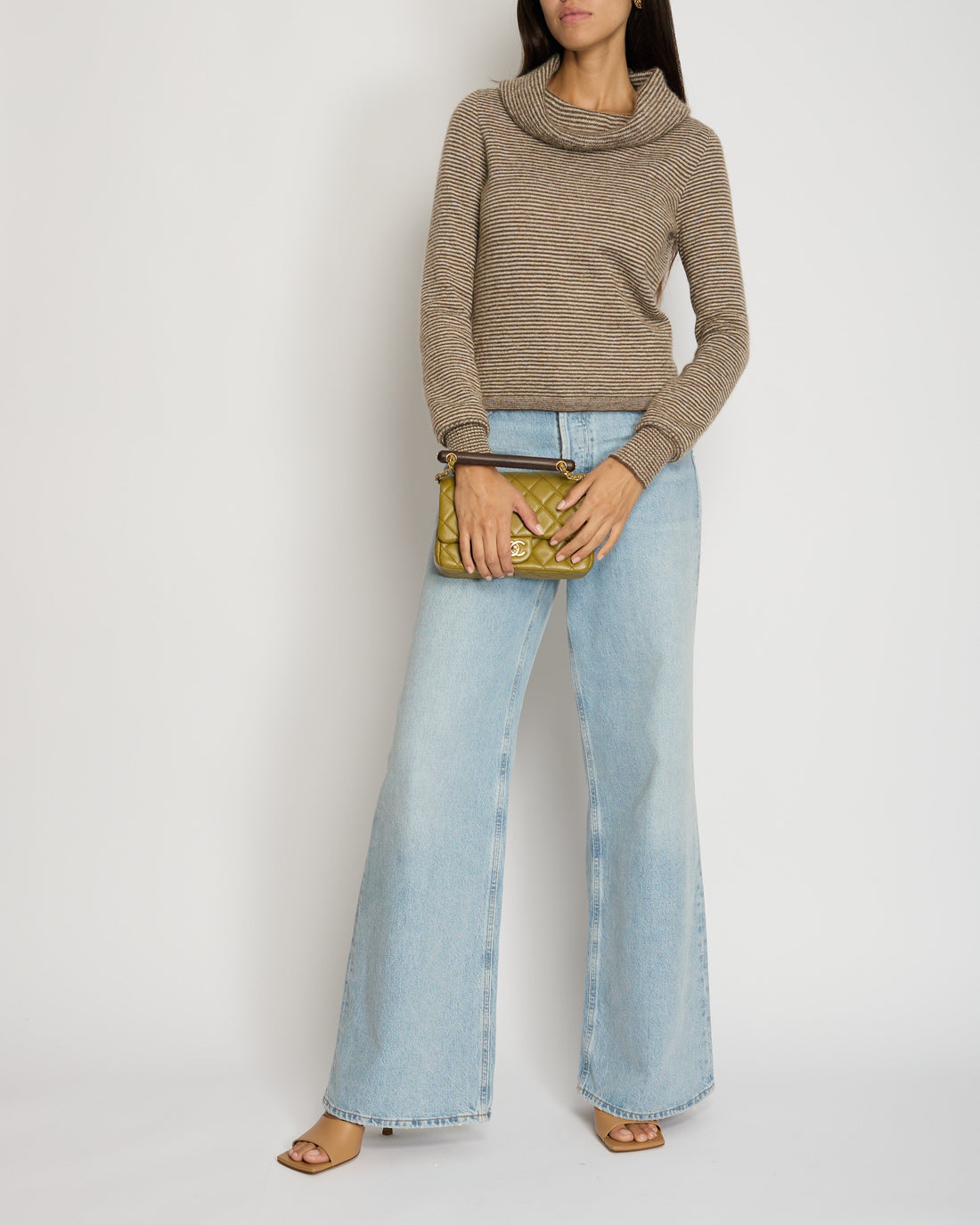 Pearl Street Bags Chanel Brown Striped Cowl Neck Jumper with CC Button Detail FR 34 (UK 6)
