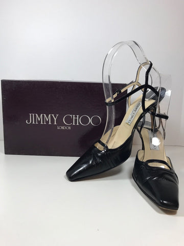 JIMMY CHOO Black Leather Square Toe with Cutout Vamp  Leather Detailing Size 6 1/2