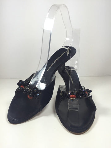 GIPPE ZANOTTI Black Sandal Heels with Beading on Toe Strap Size 9