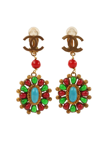 Top Quality Chanel 1993 Made Gripoix Cc Mark Swing Earrings Gold/Turquoise/Multi