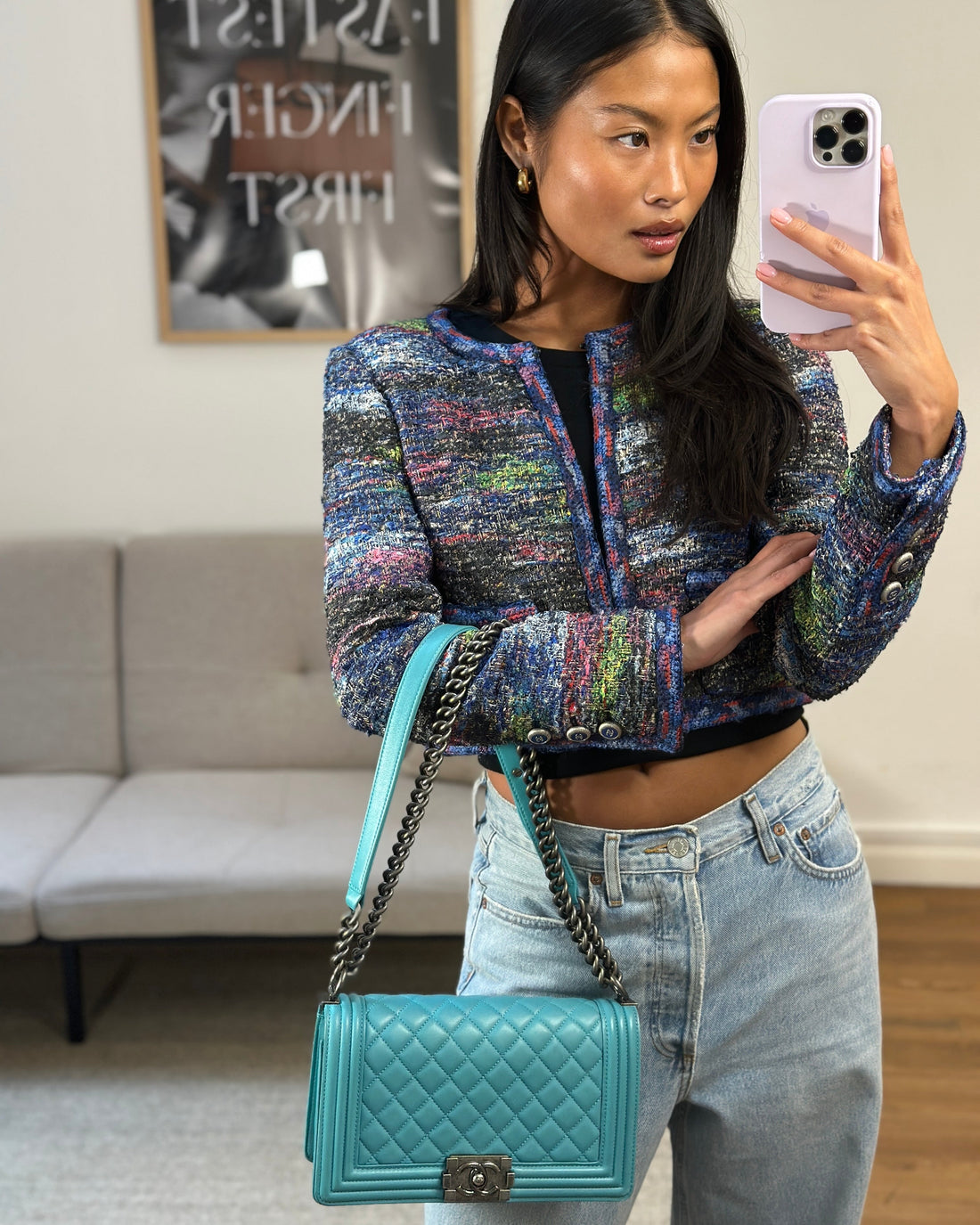 *FIRE PRICE* Pearl Street Bags Chanel Teal Medium Boy Bag in Lambskin Leather with Ruthenium Hardware