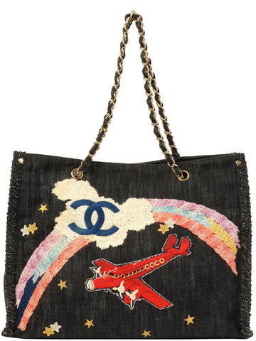 Chanel Around  Made Denim Airplane Cc Mark Embroidered Chain Tote Bag Indigo