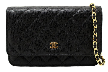 NEW  Chanel Black Quilted Caviar Leather Wallet On Chain WOC Messenger Bag