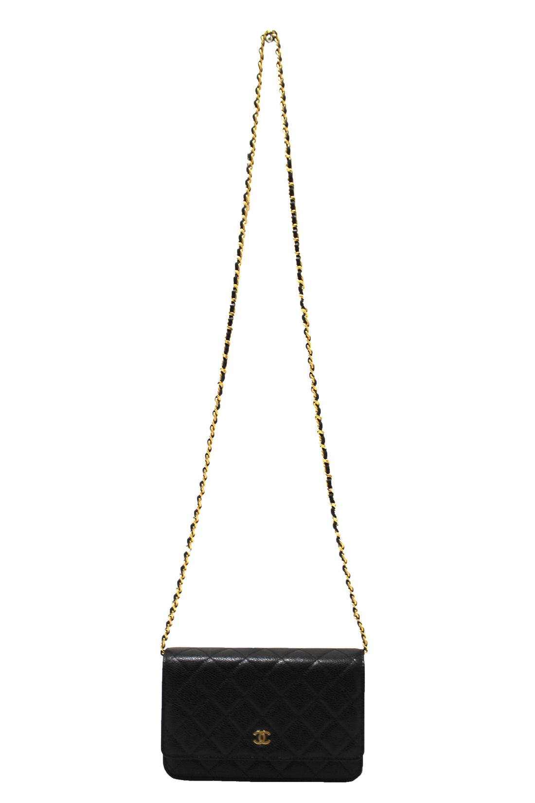 NEW  Chanel Black Quilted Caviar Leather Wallet On Chain WOC Messenger Bag