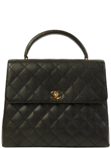 Top Quality Chanel Around 2001 Made Caviar Skin Turn-Lock Top Handle Bag Black