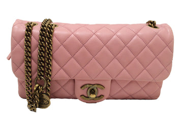 Chanel Pink Calfskin Leather Zipped Back Pocket Calfskin Flap Bag