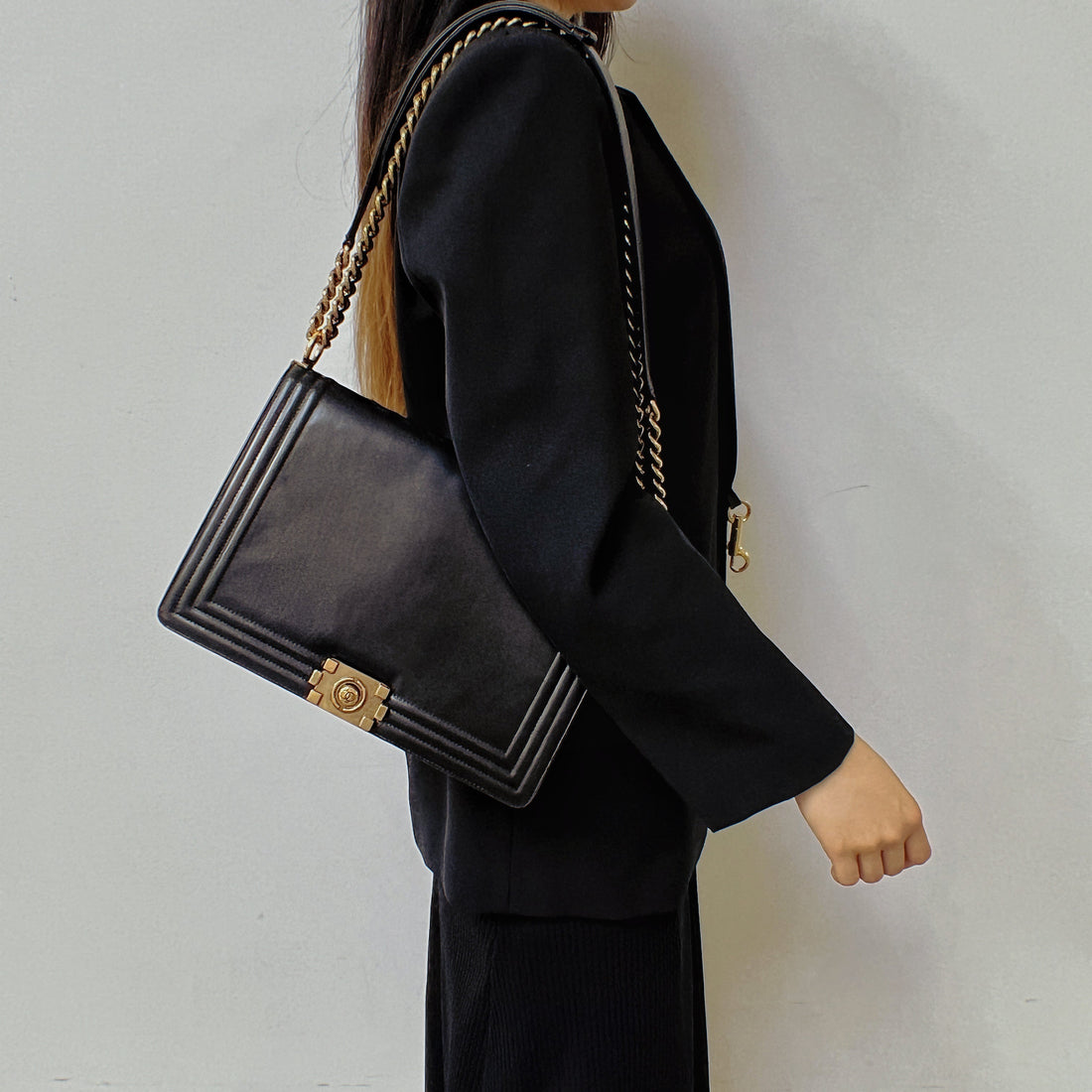 Chanel glazed leather le boy flap bag
