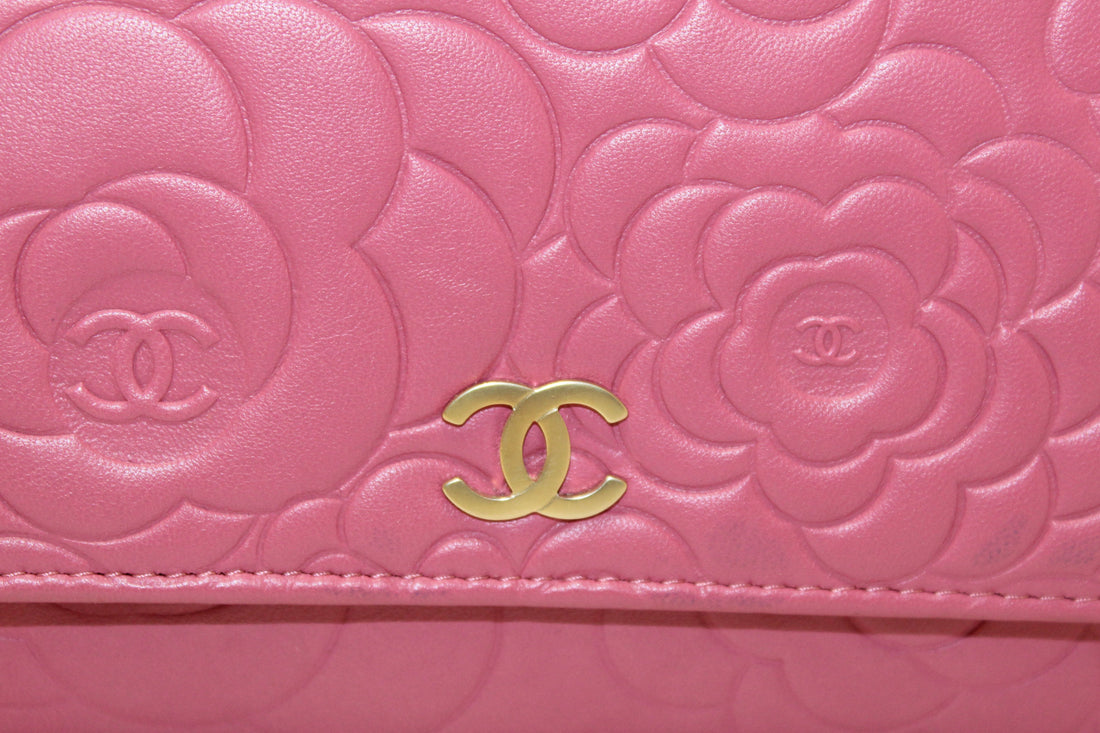Chanel Pink Camellia Lambskin Leather Wallet On Chain/Clutch Bag