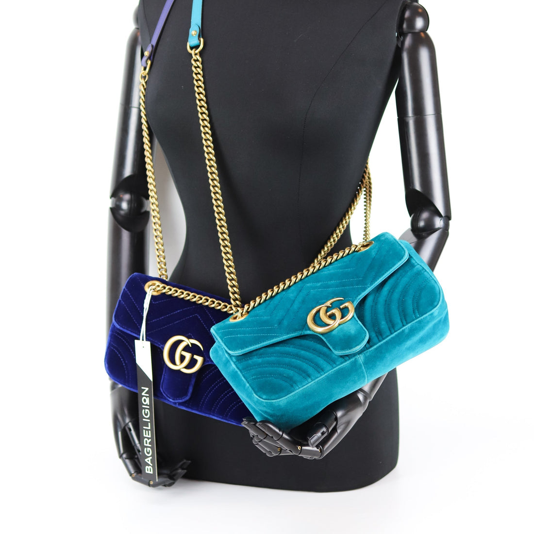 Gucci Marmont Matelasse Shoulder Bag Small in Peacock Blue Velvet