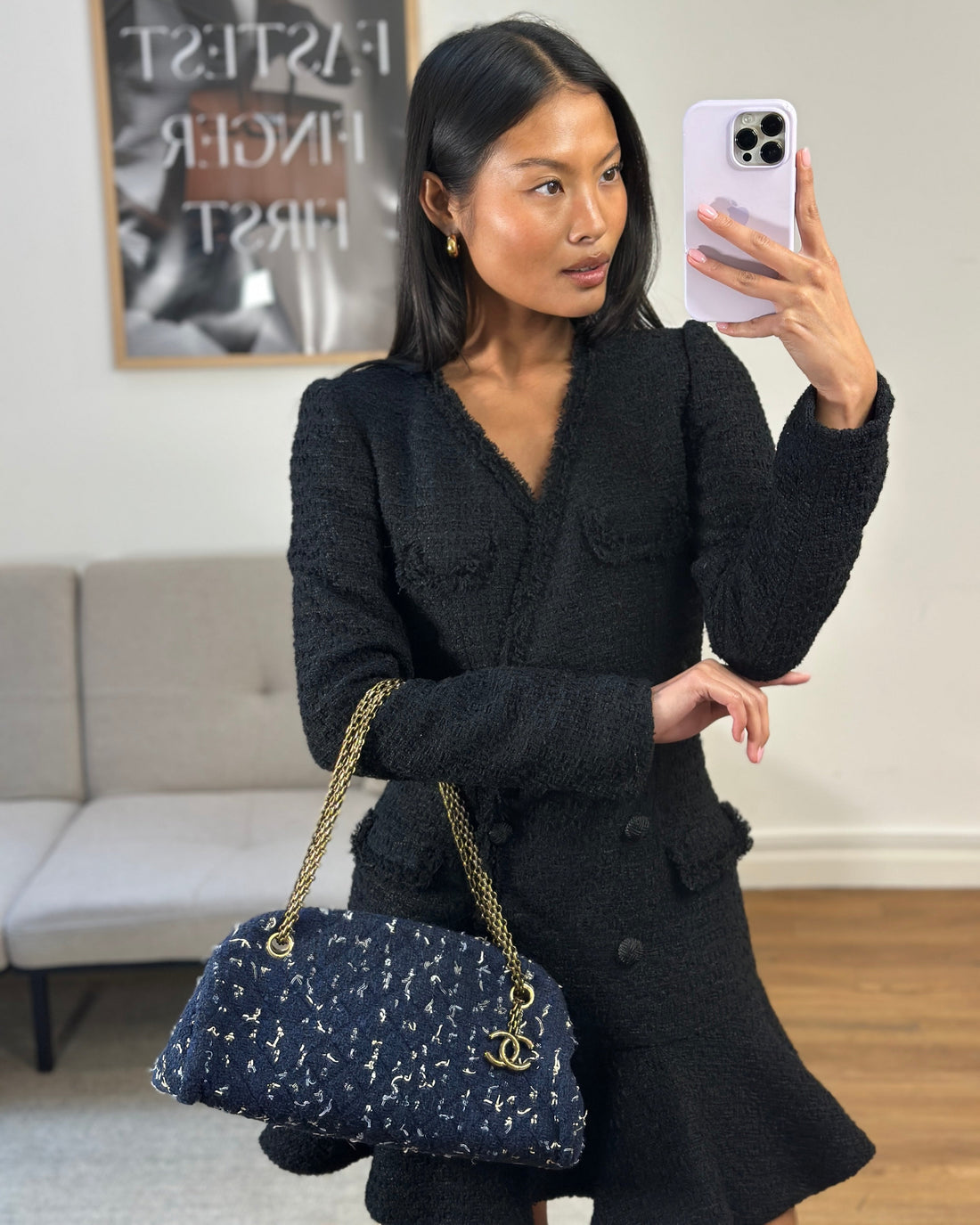 Pearl Street Bags Chanel Navy Blue & White Tweed Mademoiselle Shoulder Bag With Antique Gold Hardware