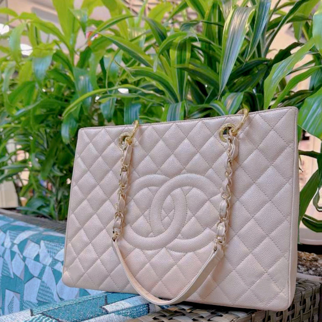 CHANEL Beige Quilted Caviar Grand Shopping Tote TWS