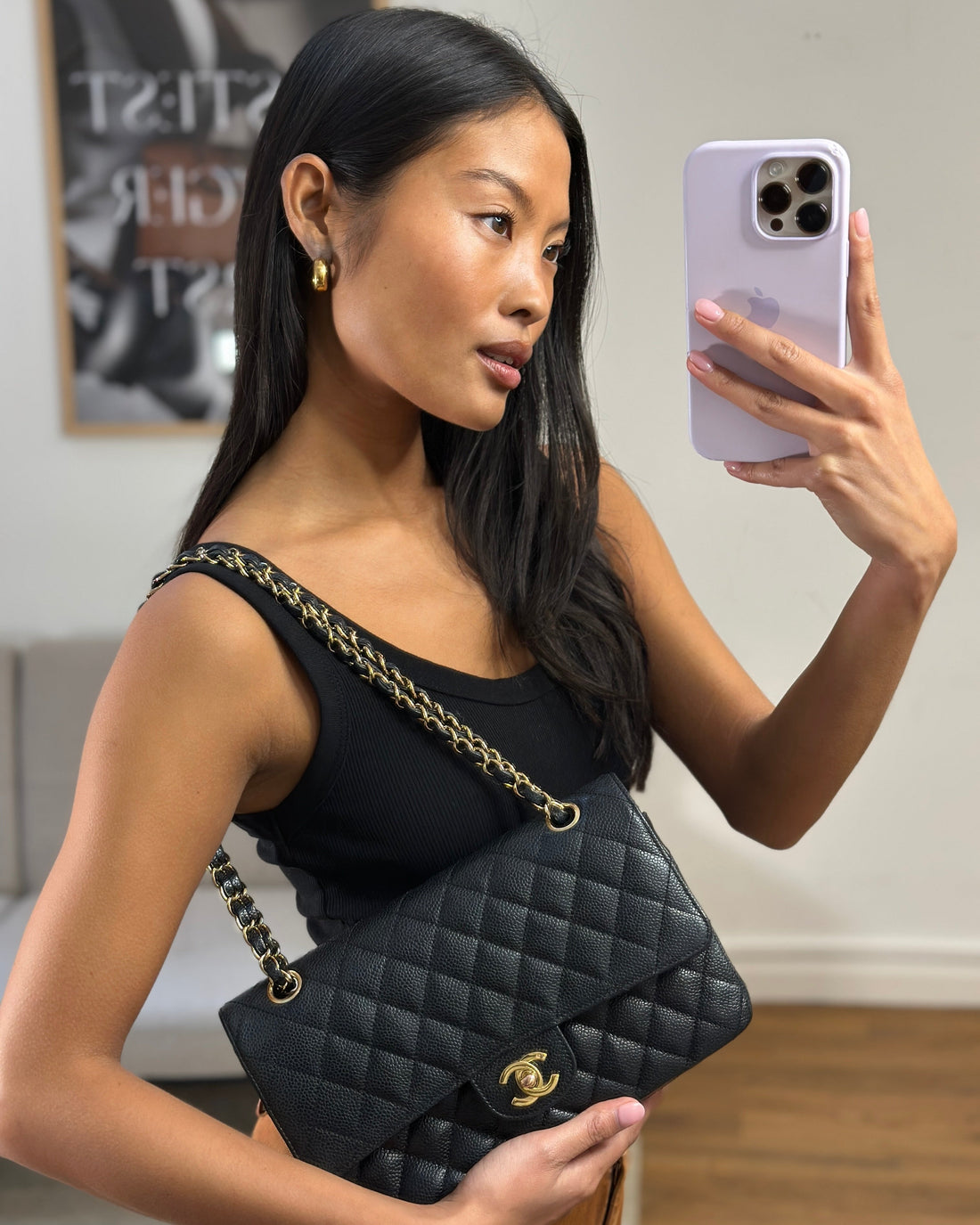 Chanel Black  Medium Classic Double Flap Bag in Caviar Leather with 24K Gold Hardware