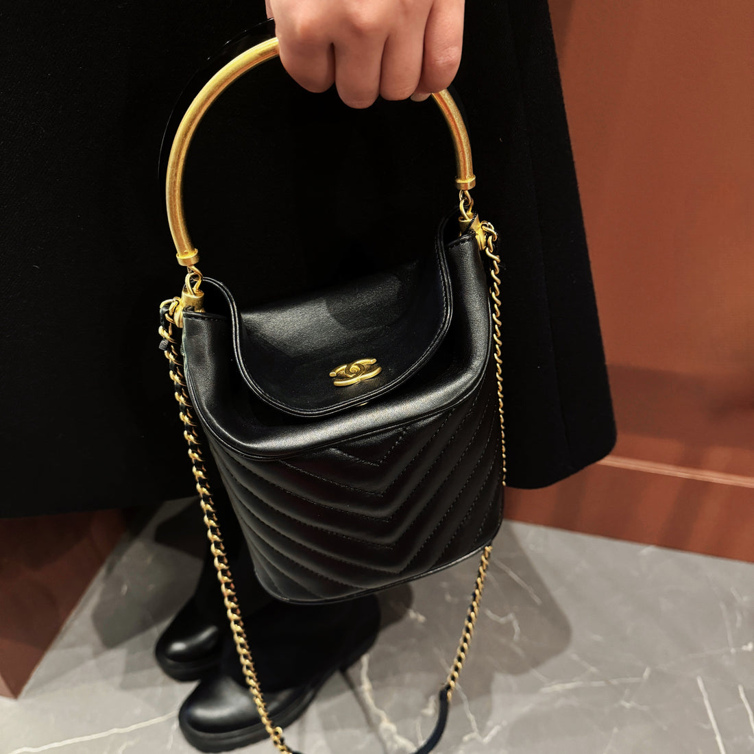 Chanel Bucket Bag Black Lambskin Chevron Quilted With Handle