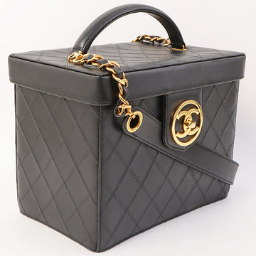 Chanel Around 1992 Made Bicolore Stitch Round Turn-Lock Vanity 2Way Bag Black