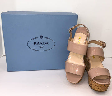 PRADA Nude  Leather Cork Wedges Size 37